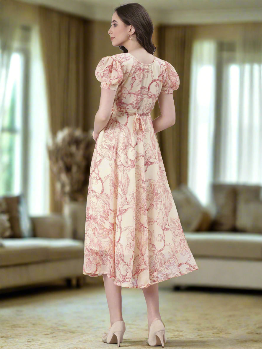 Cream & Red Floral Print Fit & Flare Midi Dress | Souchii