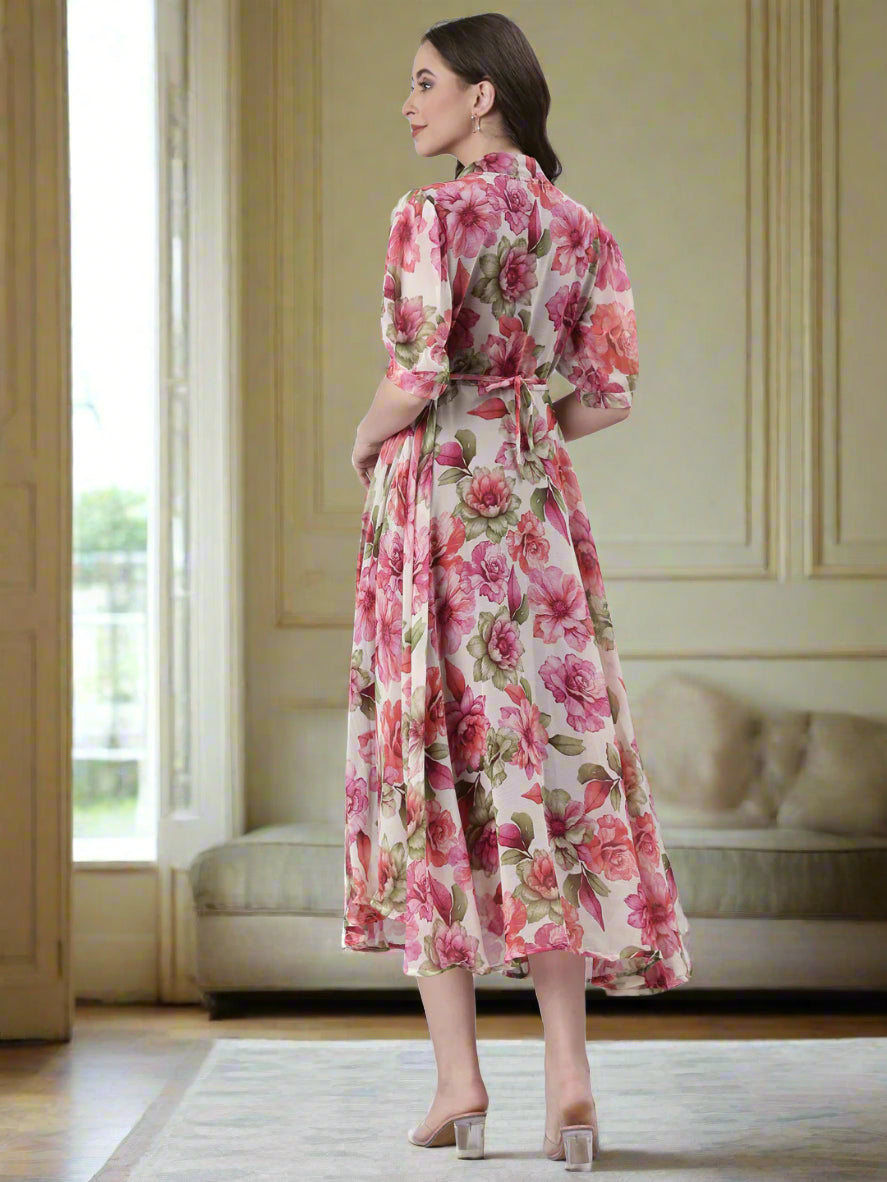 Cream Floral Puff-Sleeve A-Line Midi Dress | Souchii