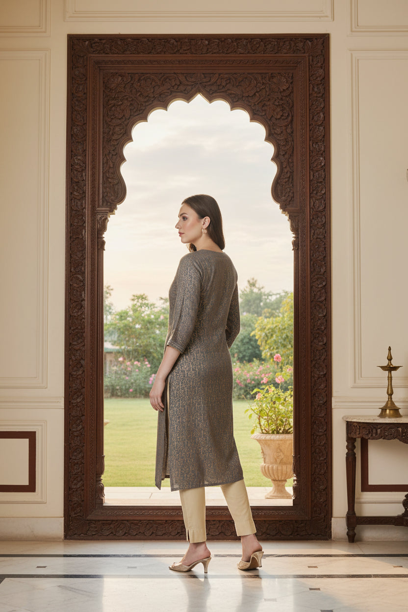 Ethnic Motifs Printed Thread Work Straight Kurta