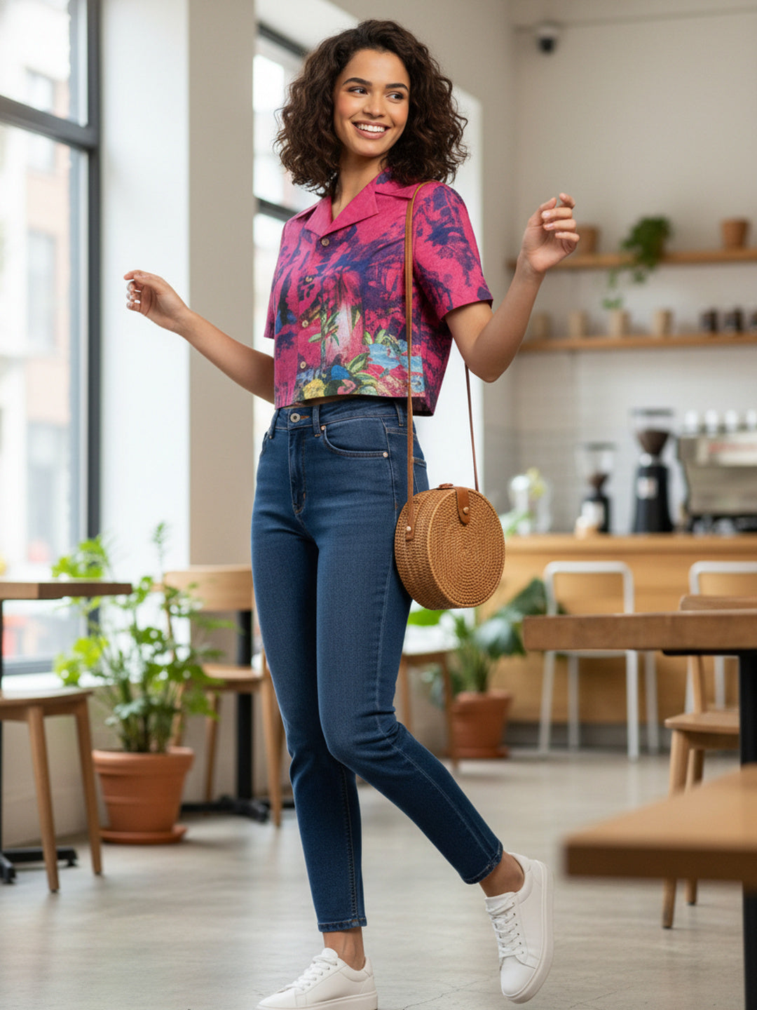 Souchii Women’s Pink Artistic Print Cropped Shirt