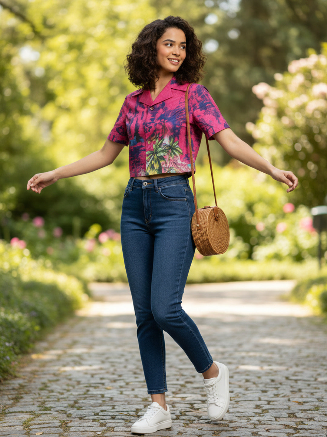 Souchii Women’s Pink Artistic Print Cropped Shirt