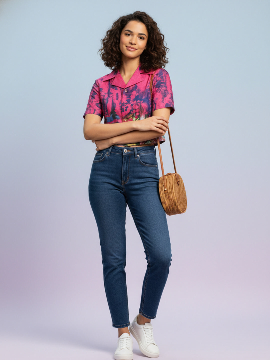 Souchii Women’s Pink Artistic Print Cropped Shirt