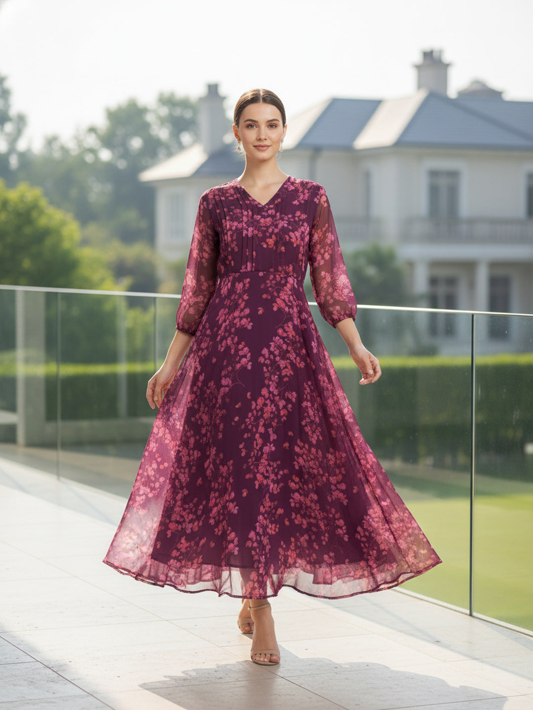 Deep Wine Burgundy Floral Chiffon Midi Dress for Women