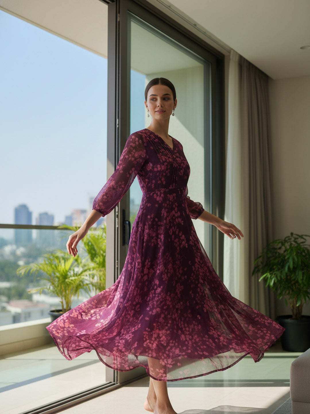 Deep Wine Burgundy Floral Chiffon Midi Dress for Women