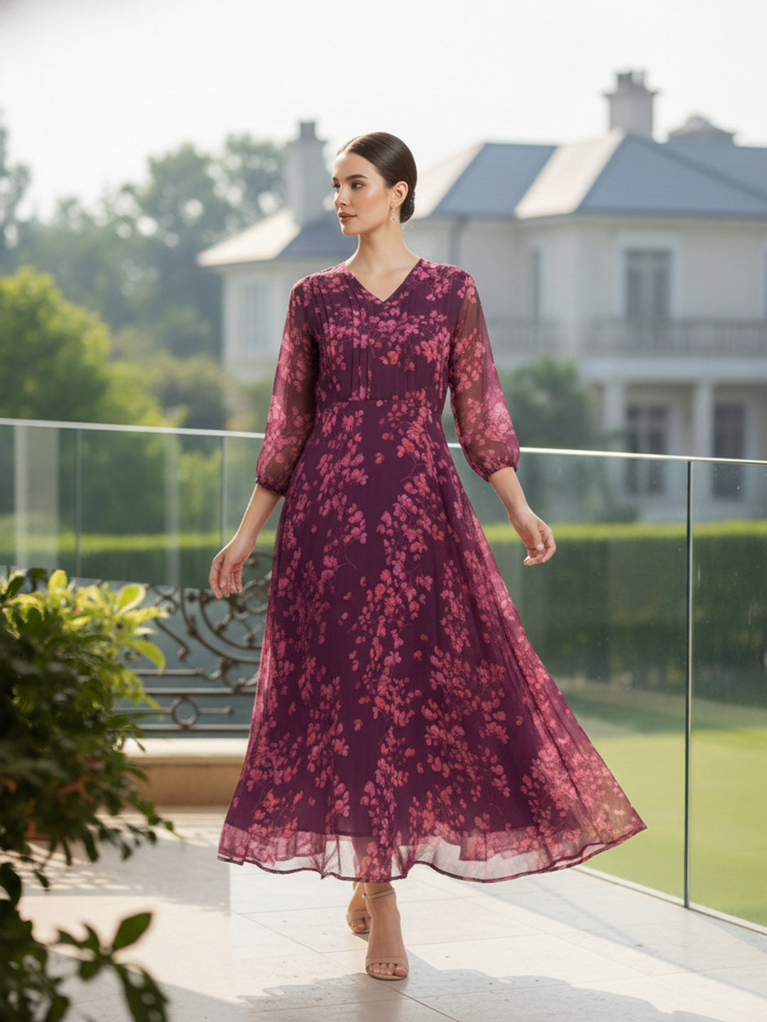 Deep Wine Burgundy Floral Chiffon Midi Dress for Women