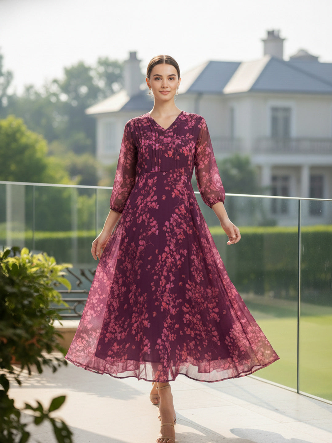Deep Wine Burgundy Floral Chiffon Midi Dress for Women