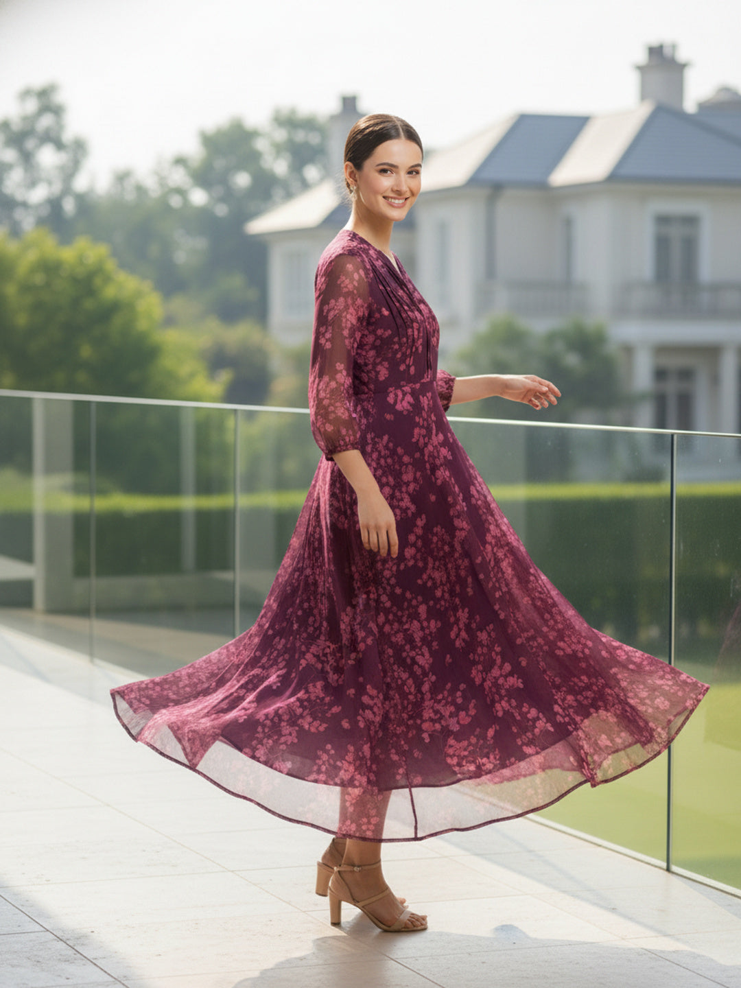 Deep Wine Burgundy Floral Chiffon Midi Dress for Women