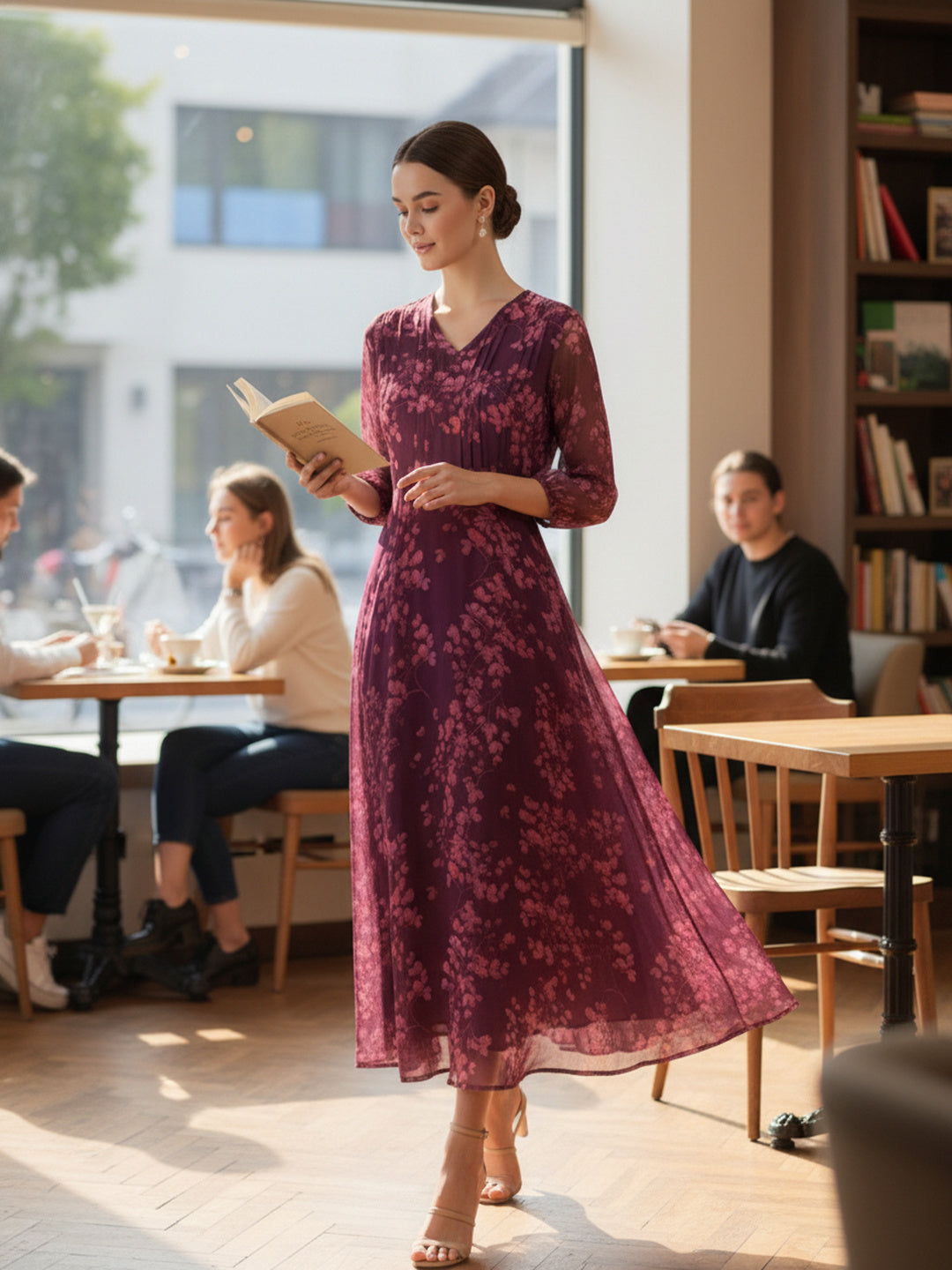 Deep Wine Burgundy Floral Chiffon Midi Dress for Women