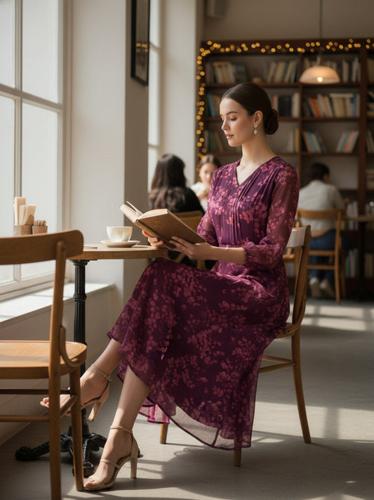 Deep Wine Burgundy Floral Chiffon Midi Dress for Women