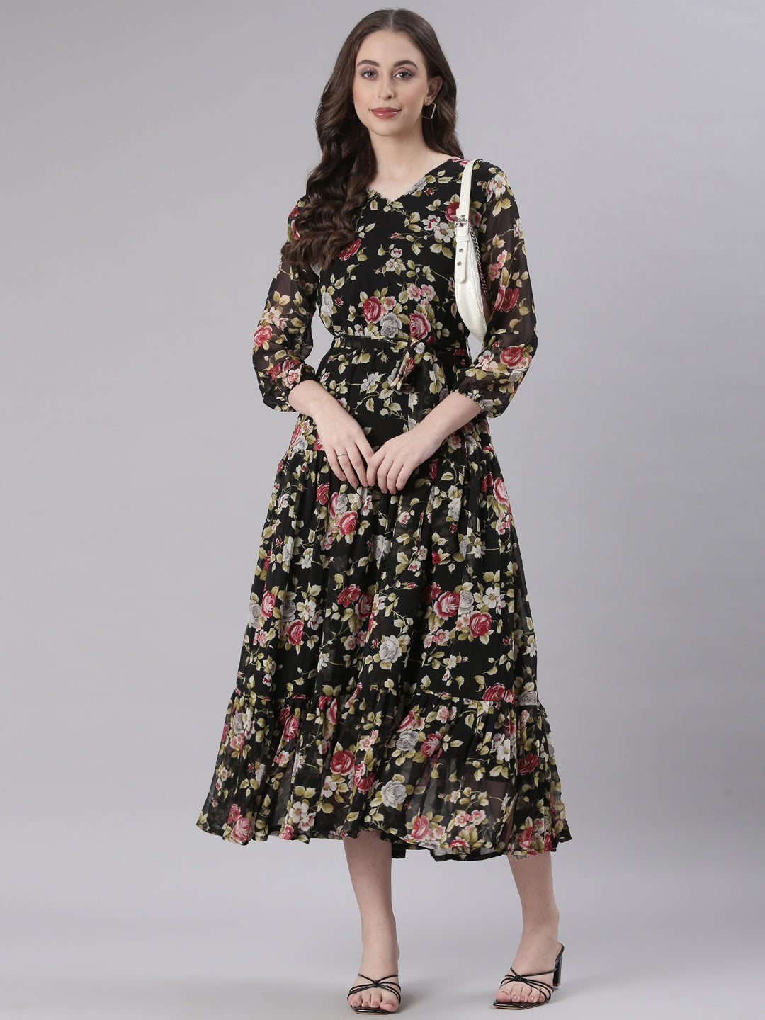 Black Floral Chiffon Midi Dress | Souchii