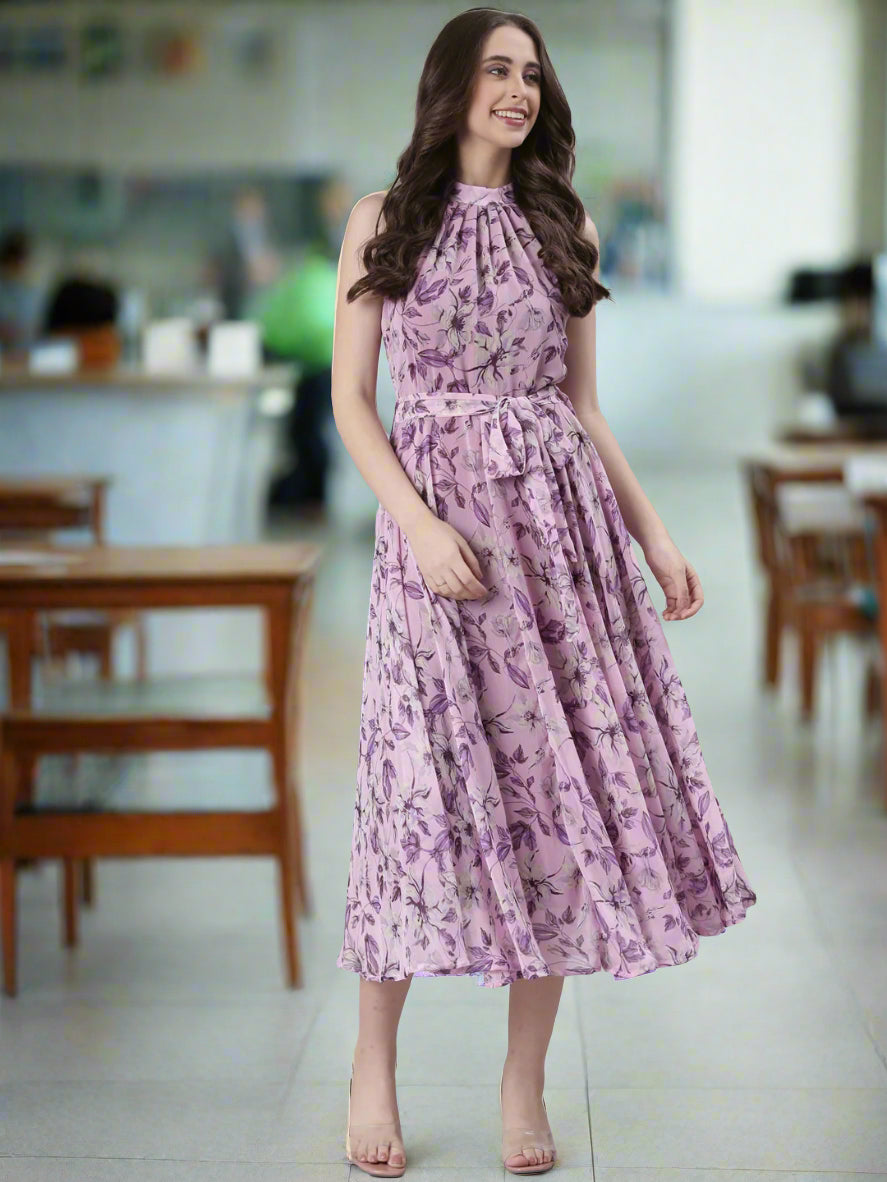 purple floral halter neck bodycon midi dress Yasmeen Floral Halter Godet Maxi Dress