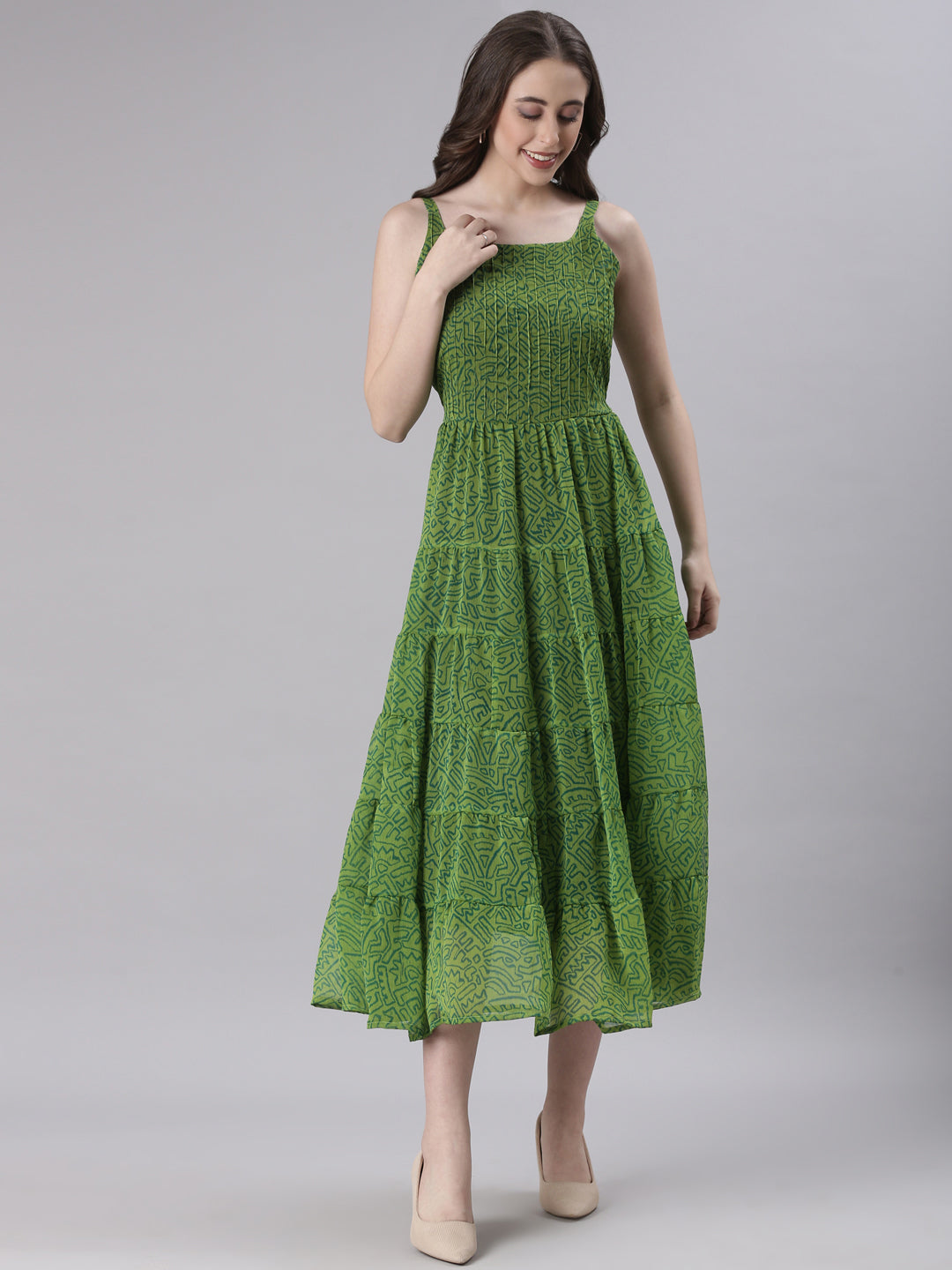 Green Abstract Pleated Fit & Flare Midi Dress | Souchii
