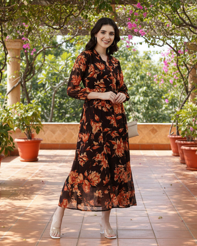 Souchii Brown Floral Flow Midi Dress