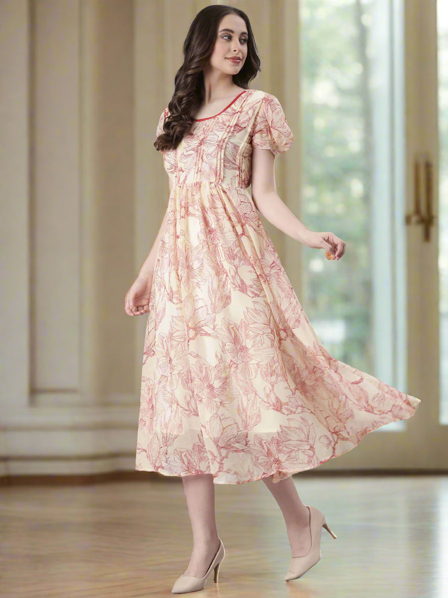 Cream & Red Floral Print Fit & Flare Midi Dress | Souchii
