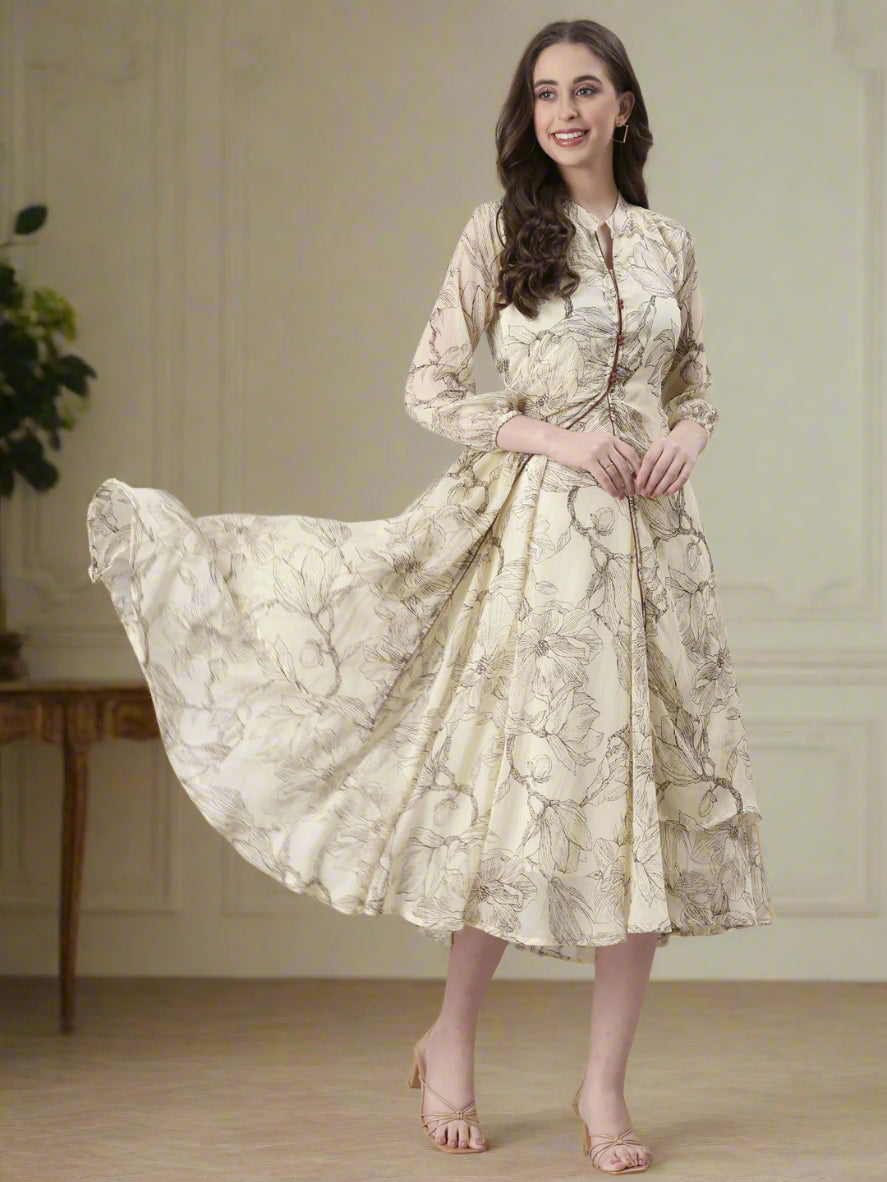 Cream Floral A-Line Belted Midi Dress | Souchii