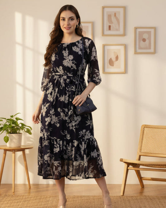Navy Blue Floral Maxi Chiffon Dress | Souchii