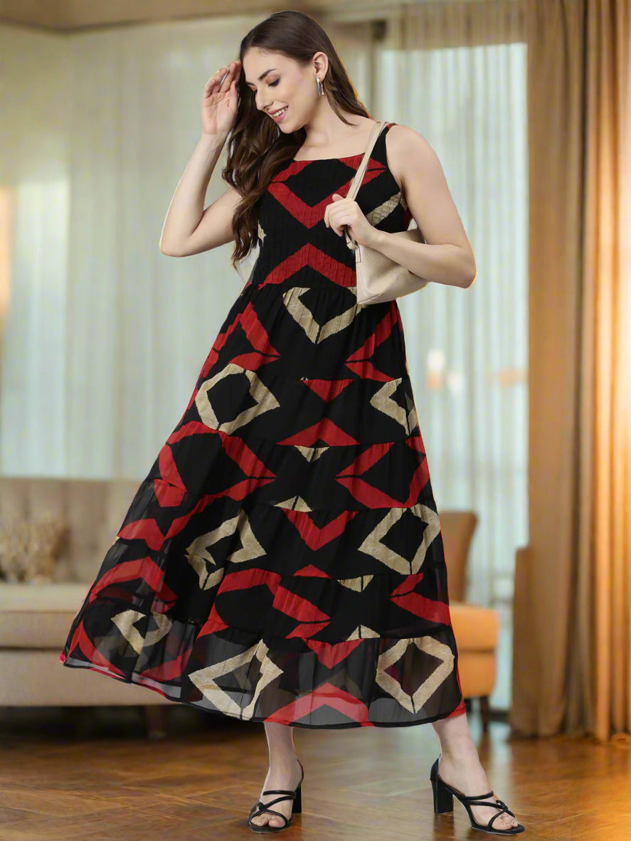 Fit & Flare Dress – Black Printed Abstract Motifs | Souchii
