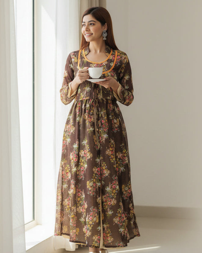 Souchii Brown Floral Layered Maxi Dress
