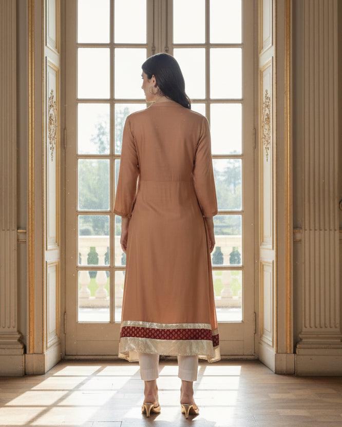 Souchii Women’s Elegant Rayon Kurta – Beige Ethnic Kurta with Zari Detailing