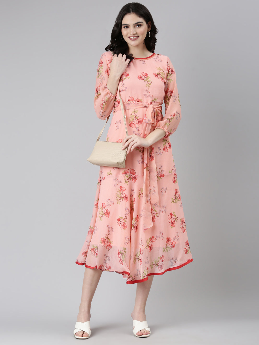Rose Floral Printed A-Line Midi Dress with Belt | Souchii