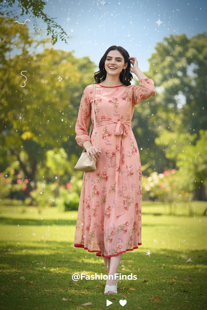 Rose Floral Printed A-Line Midi Dress with Belt | Souchii