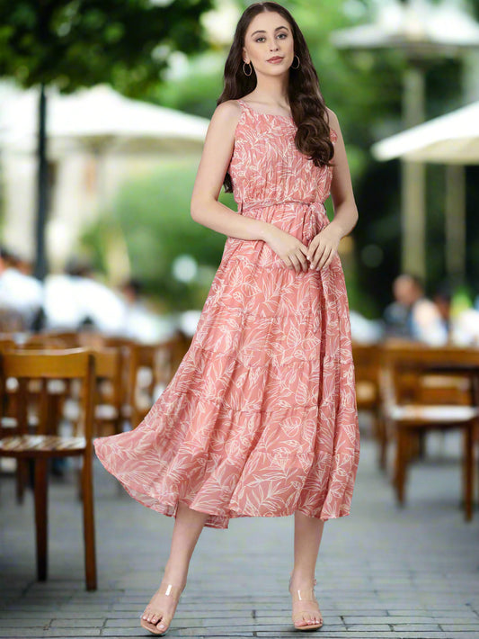 Maxi Dress – Peach Floral Print Fit & Flare | Souchii