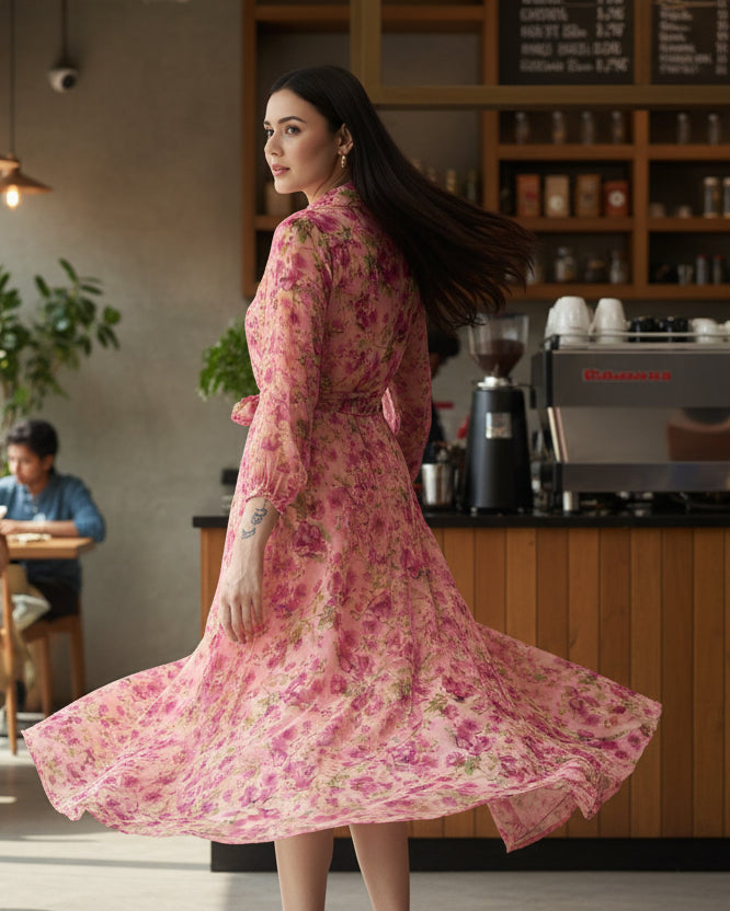 Floral Printed V-Neck Belted Fit & Flare Midi Dress | Souchii