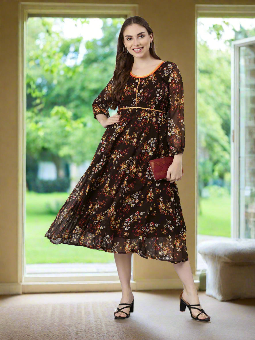 Brown & Yellow Floral Printed Fit and Flare Dress with Belt | Souchii