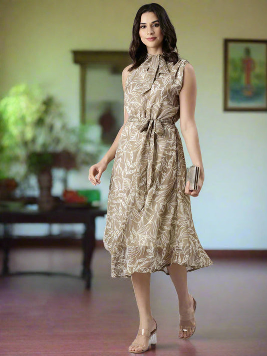 Beige Floral Print Fit & Flare Midi Dress with Scarf Neck | Souchii