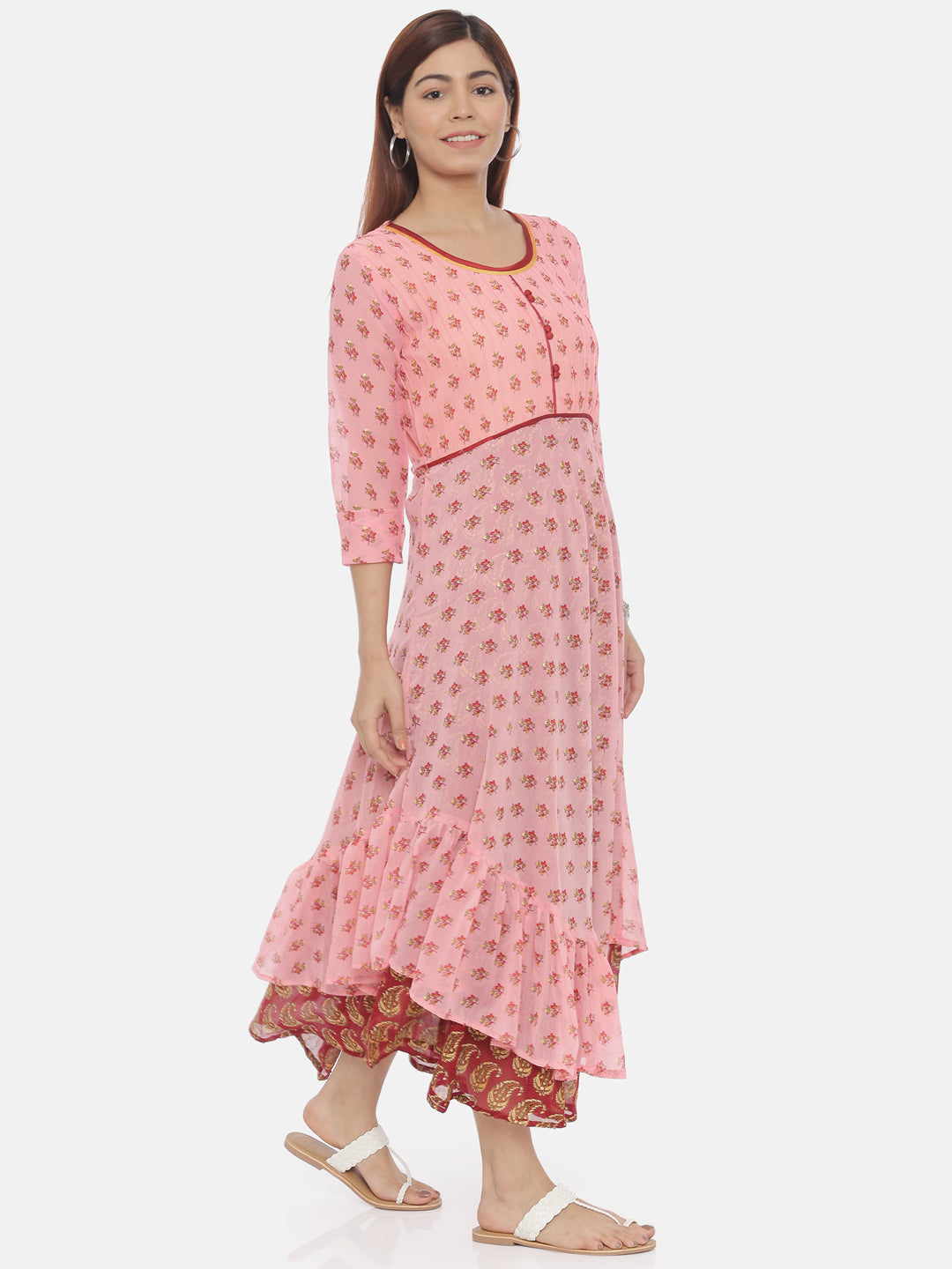 Pink Floral Print Chiffon Fit & Flare Midi Dress with Belt | Souchii