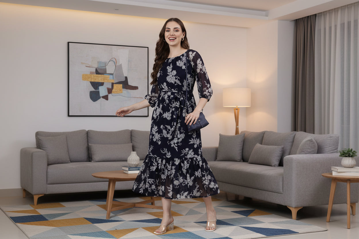 Navy Blue Floral Maxi Chiffon Dress | Souchii