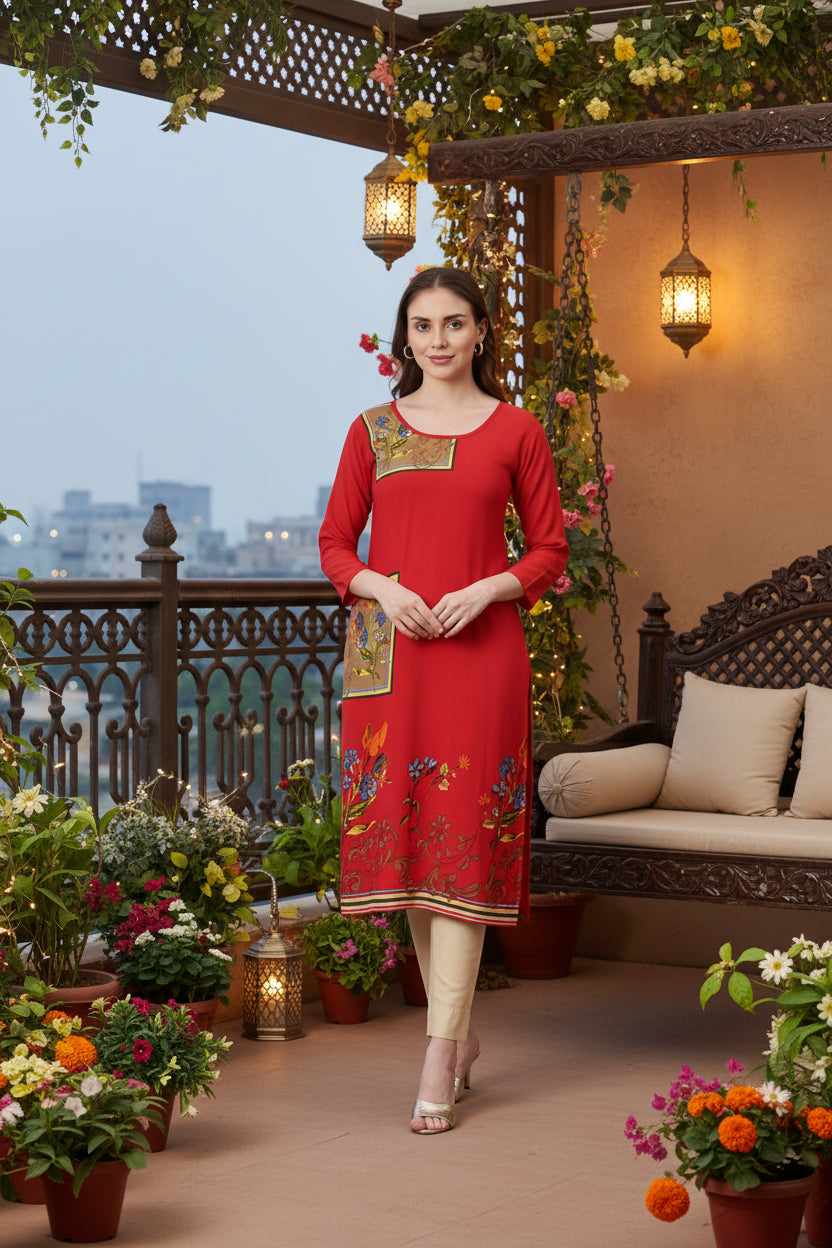 Souchii Women’s Red Rayon Kurta – Floral Printed Straight Kurta with 3/4 Sleeves | Festive & Casual Ethnic Wear