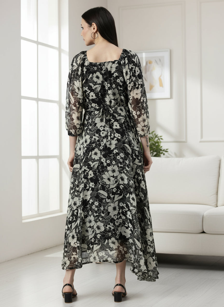 Black & White Floral Smocked Chiffon Maxi Dress | Souchii