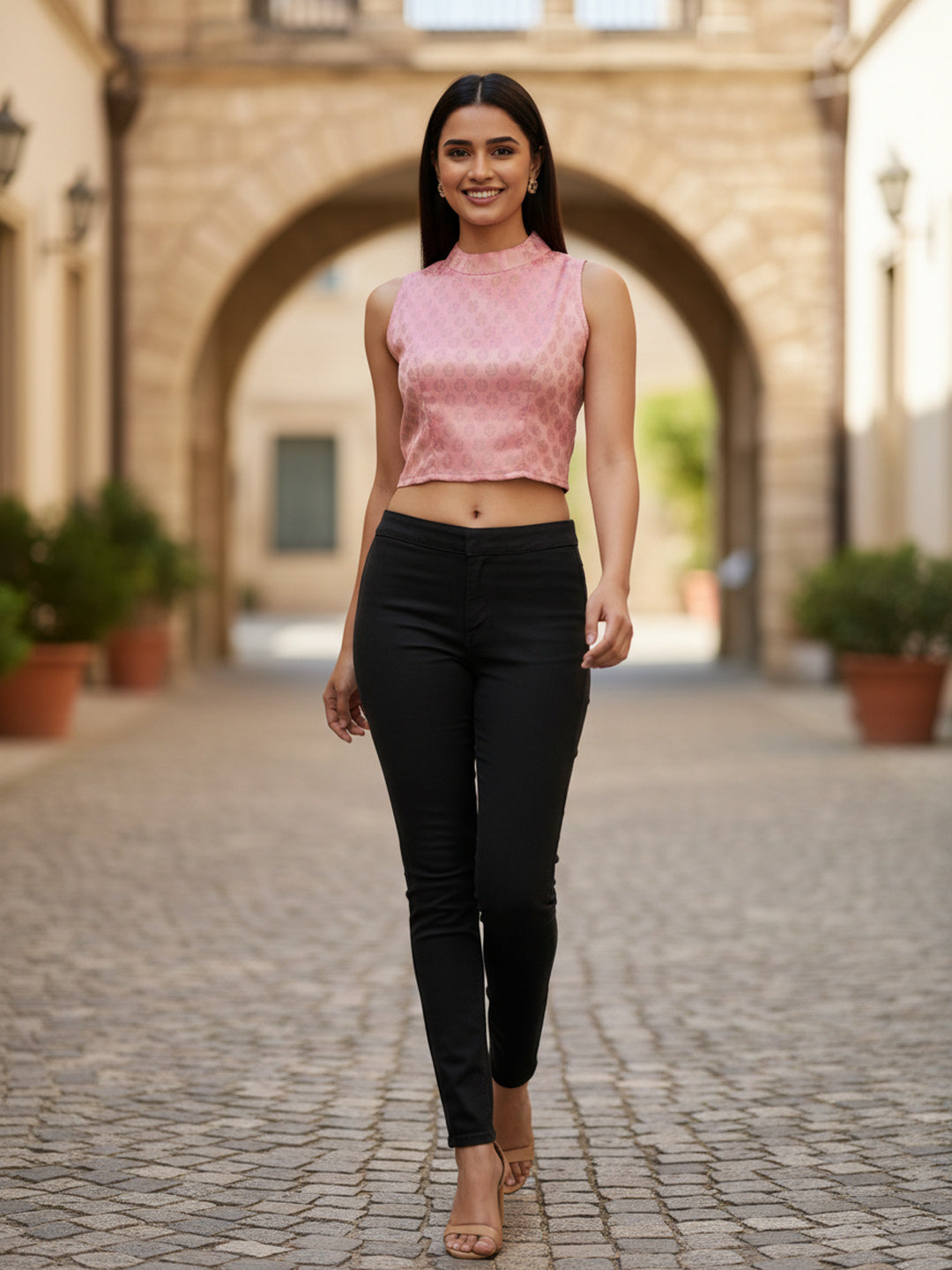 Pink Dupion Silk Sleeveless Round-Neck Blouse | Souchii