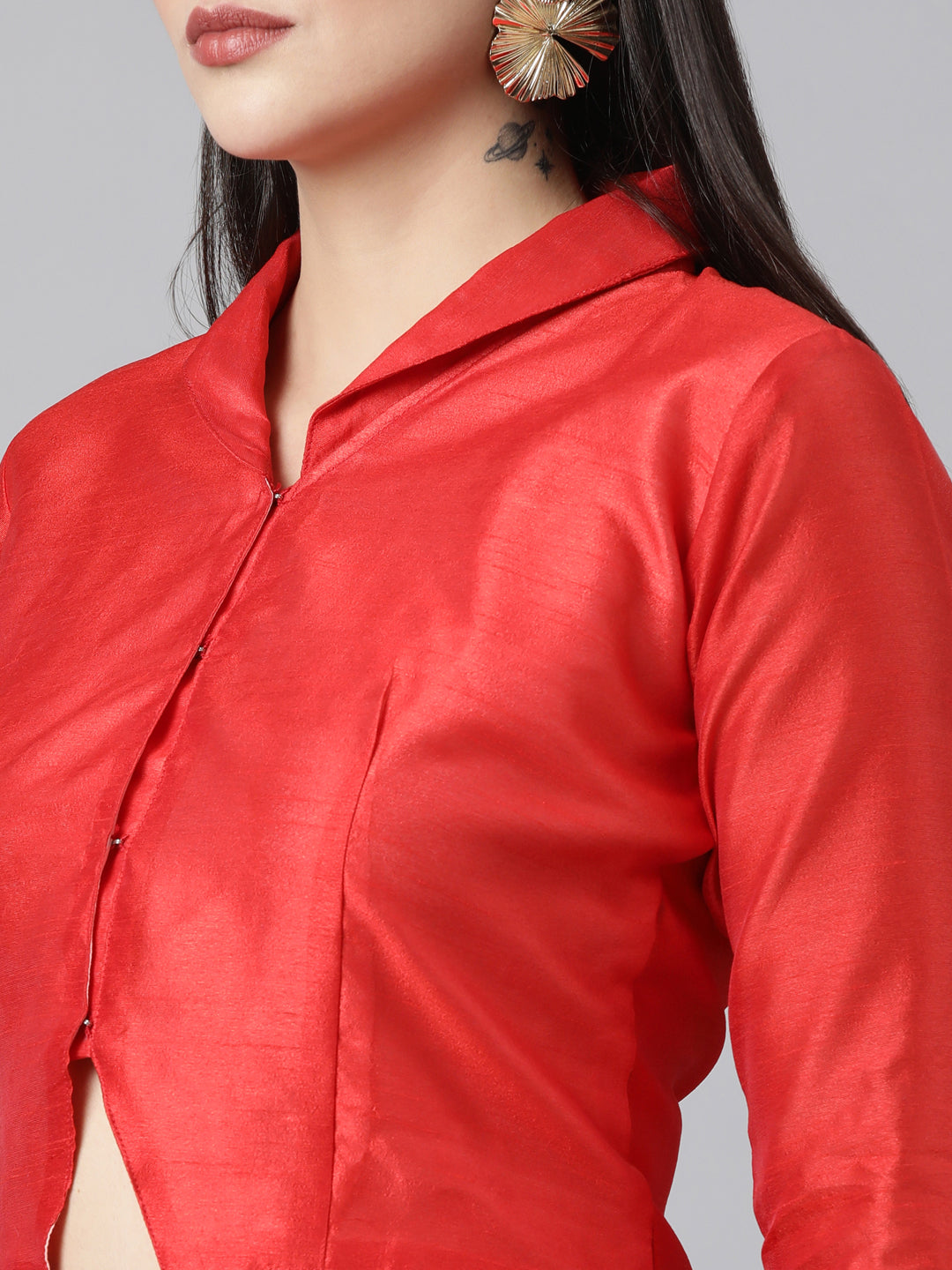 Red Dupion Silk V-Neck Sleeveless Blouse | Souchii