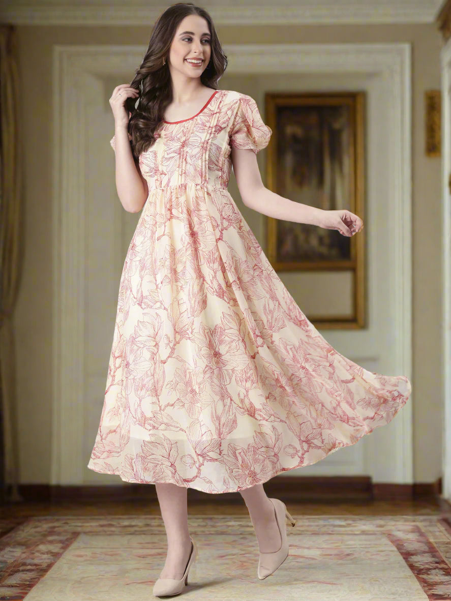 Cream & Red Floral Print Fit & Flare Midi Dress | Souchii
