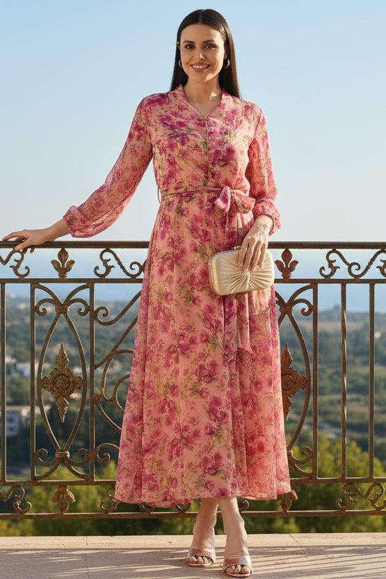 Floral Printed V-Neck Belted Fit & Flare Midi Dress | Souchii