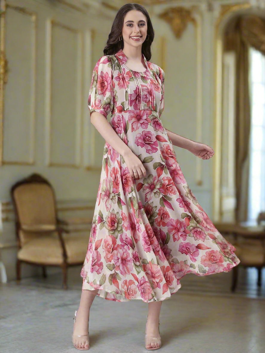 Cream Floral Puff-Sleeve A-Line Midi Dress | Souchii