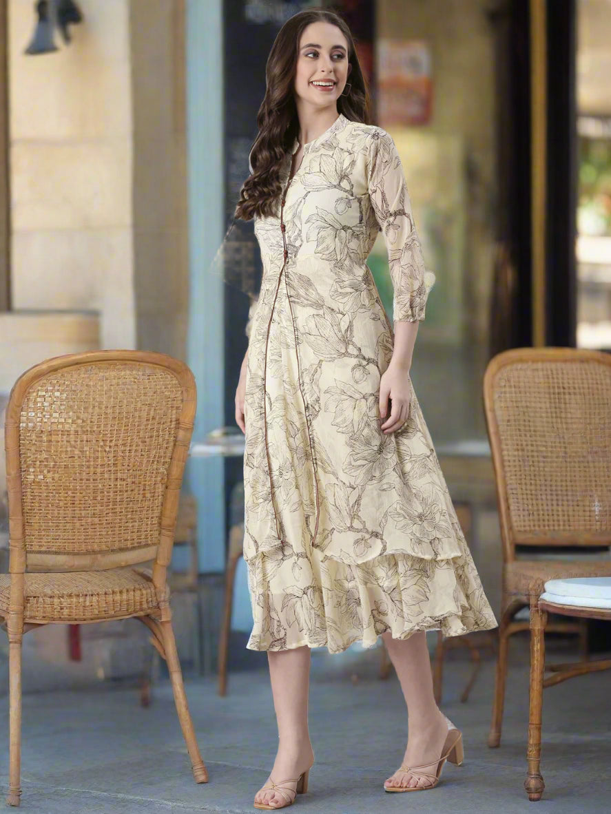 Cream Floral A-Line Belted Midi Dress | Souchii