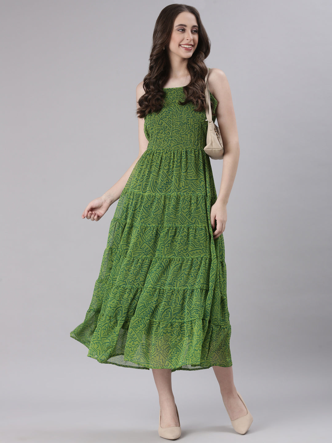 Green Abstract Pleated Fit & Flare Midi Dress | Souchii