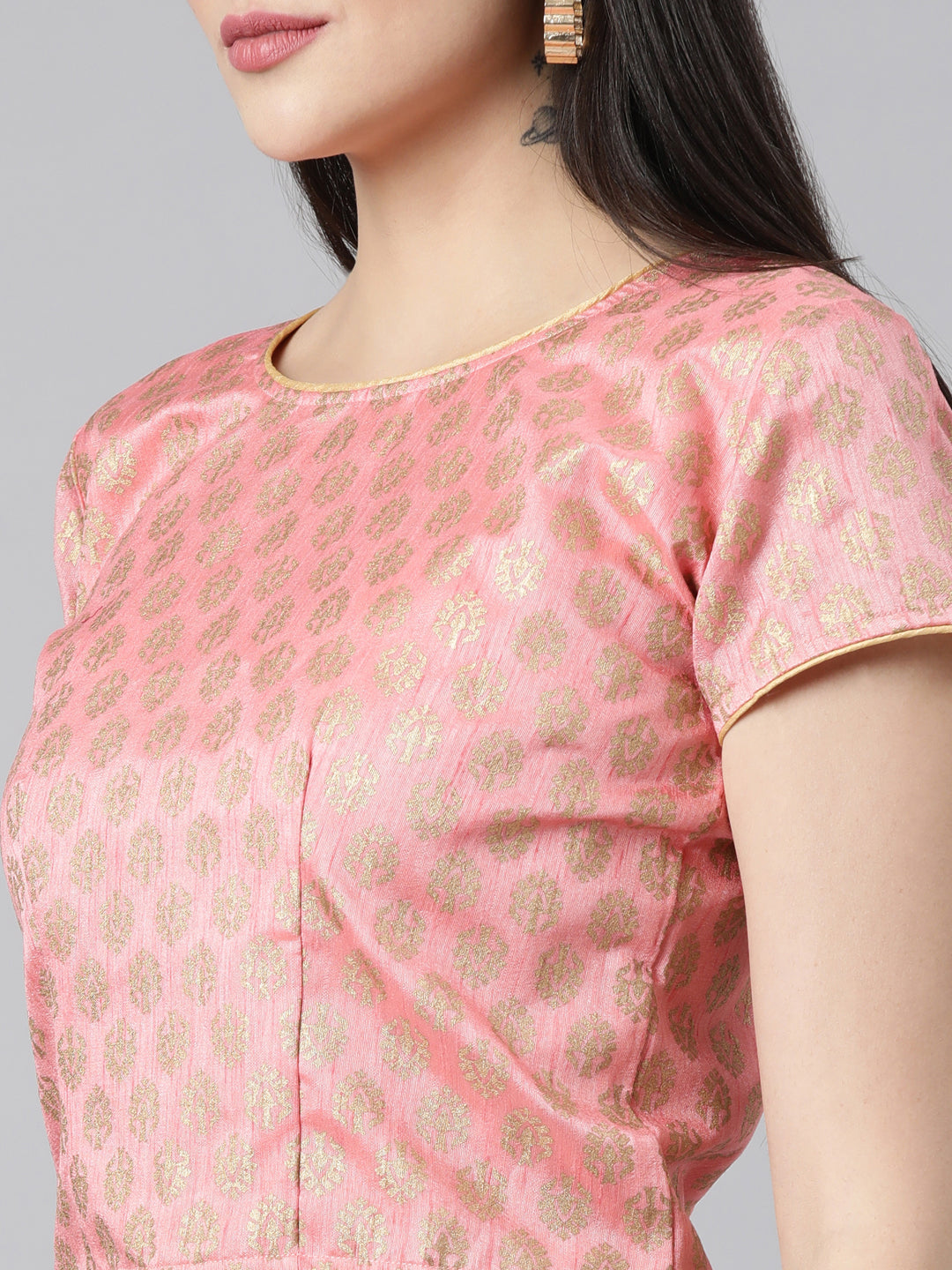 Pink & Gold Dupion Silk Woven Knot Blouse | Souchii
