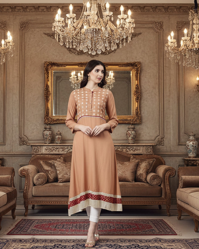 Souchii Women’s Elegant Rayon Kurta – Beige Ethnic Kurta with Zari Detailing