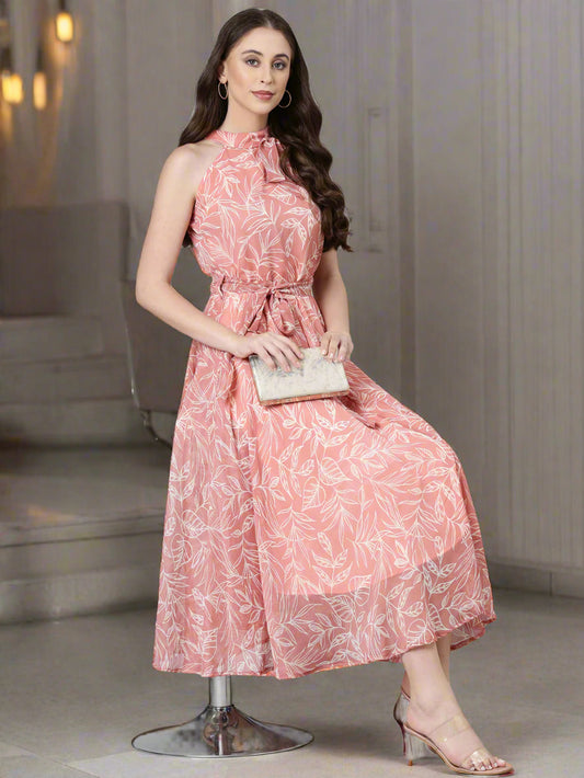Maxi Dress – Pink Floral Print Halter Neck | Souchii