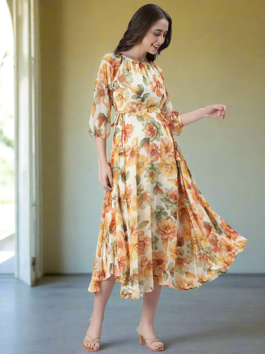 White Floral Fit & Flare Midi Dress | Souchii
