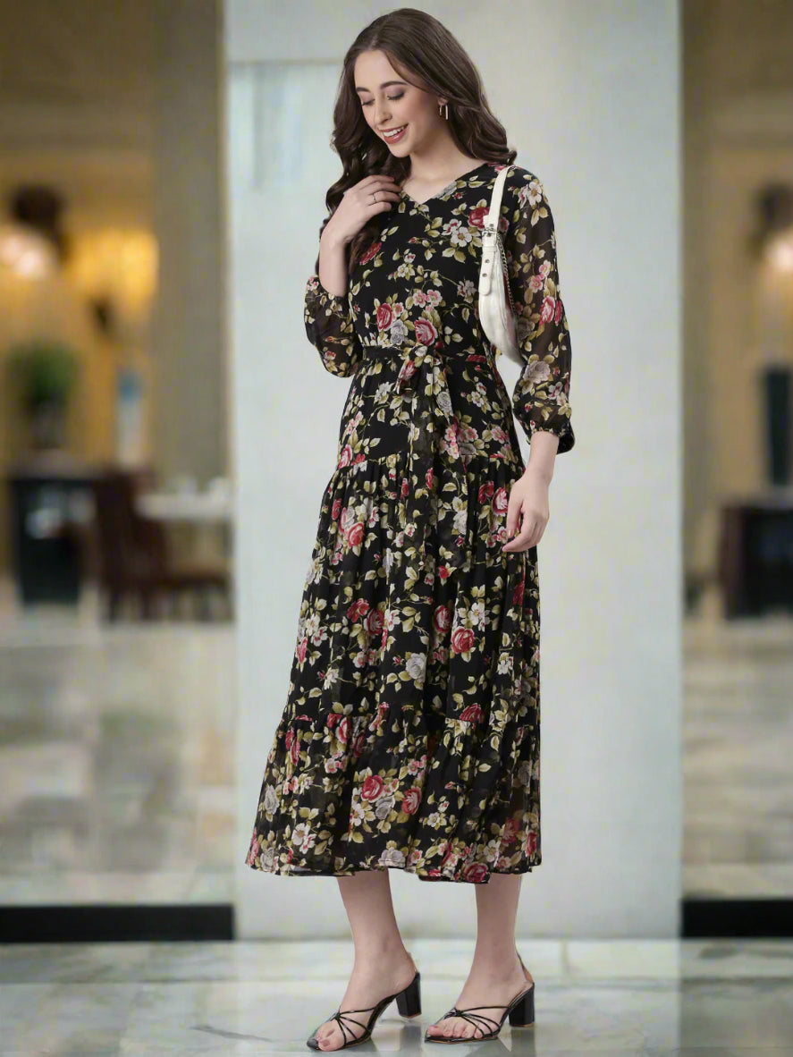 Black Floral Chiffon Midi Dress | Souchii