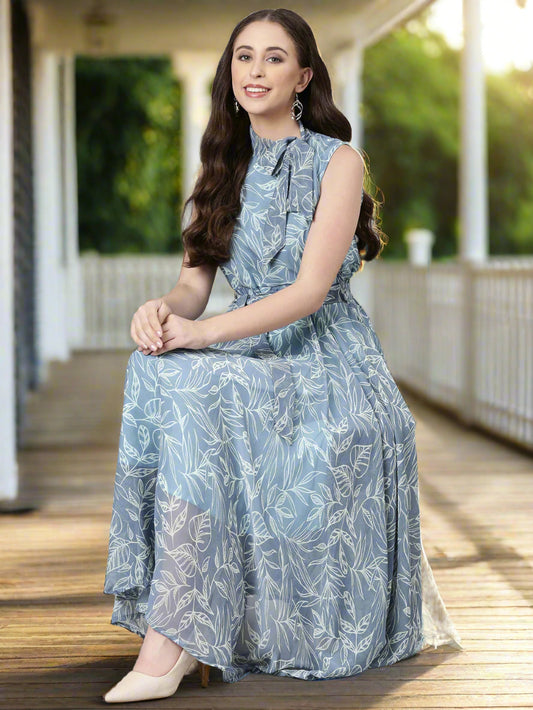 Dress – Grey Floral Fit & Flare Chiffon | Souchii