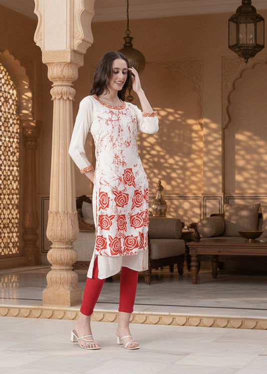 Red Block Print Cream Double Layered Rayon Kurta | Souchii