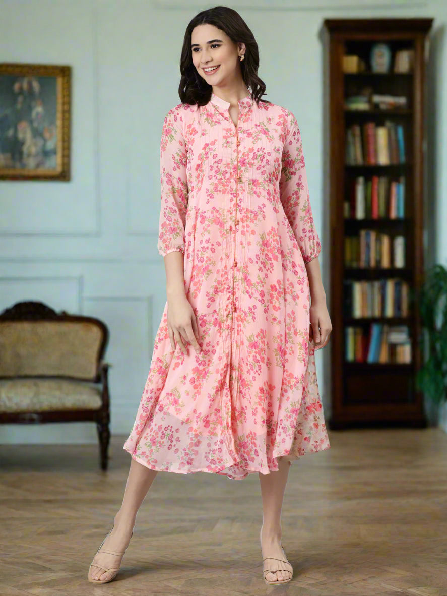 Dress – Light Pink Floral Printed A-line Princess Line | Souchii
