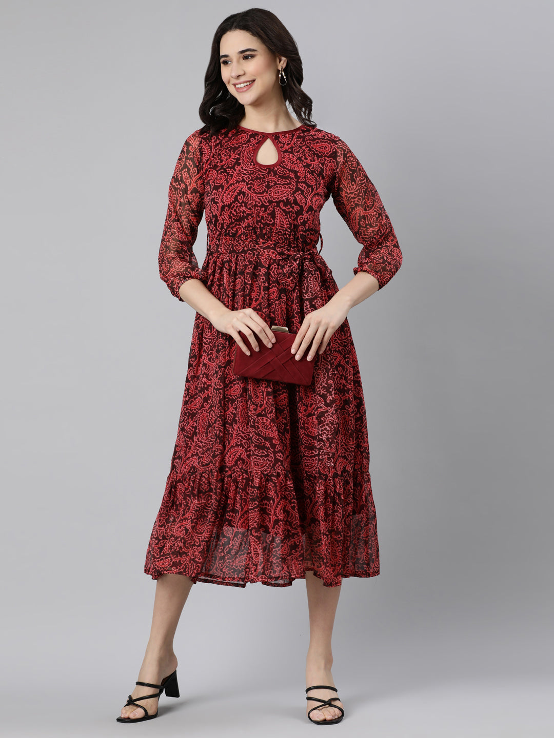 Fit & Flare Dress – Maroon Floral Print Empire Line | Souchii