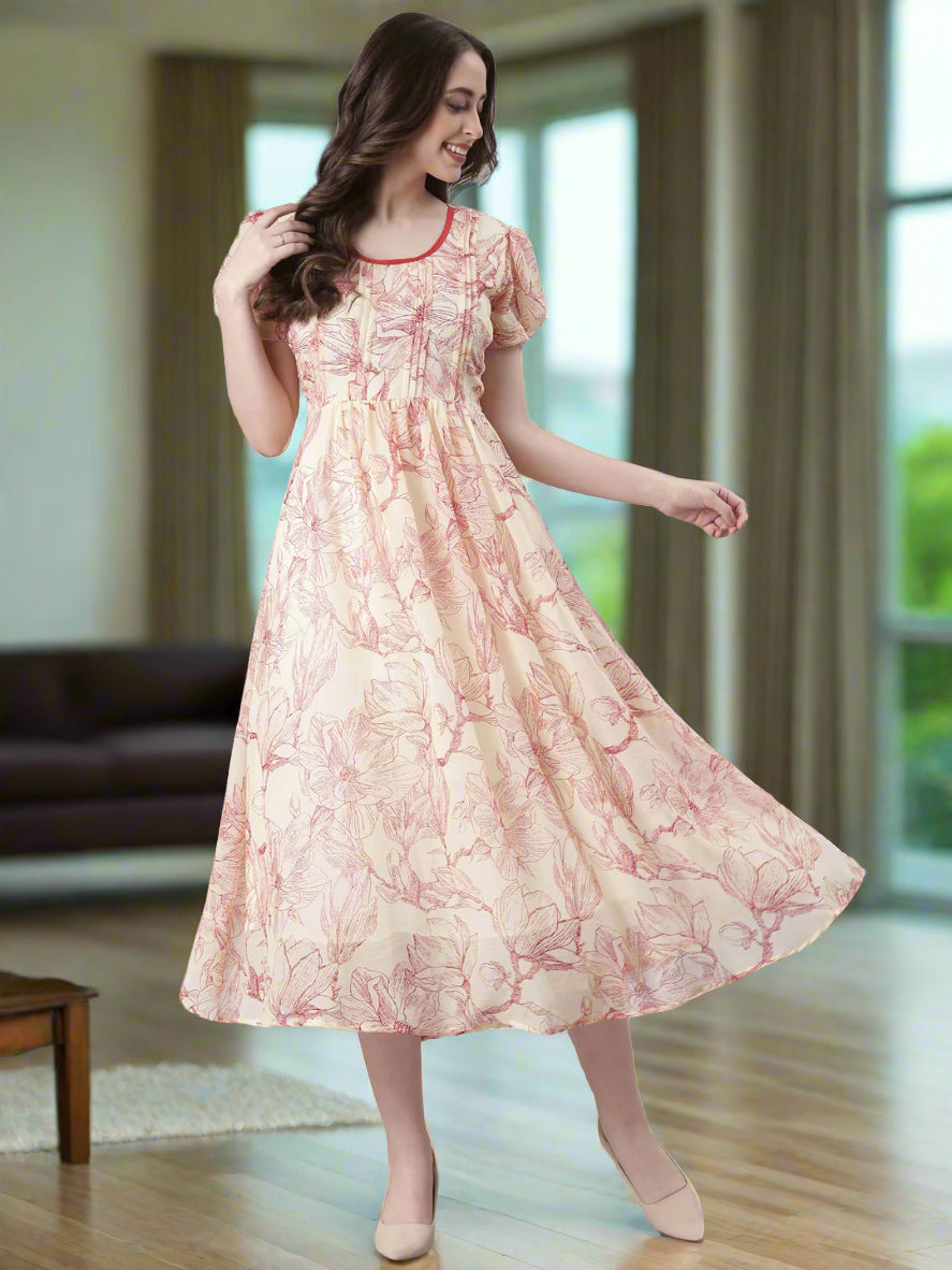 Cream & Red Floral Print Fit & Flare Midi Dress | Souchii